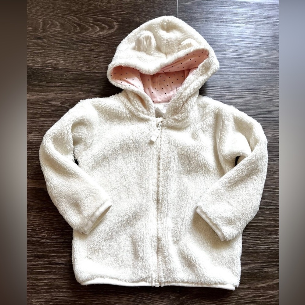 H&M Baby White Faux Fur Teddy Bear Hooded Jacket - Pink Polka Dot Lining Size 2T